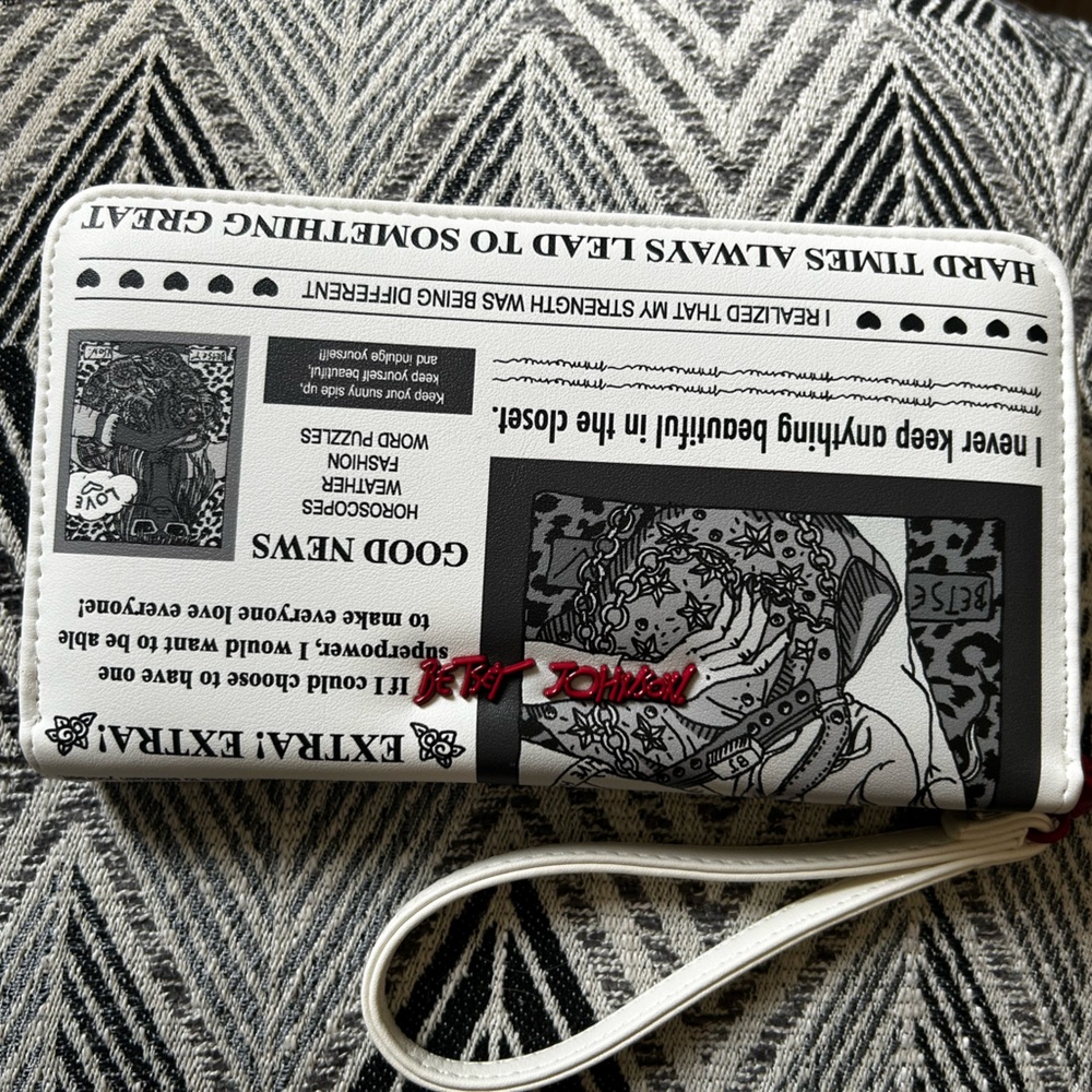 Betsey Johnson Newspaper Print Faux Leather with Hand Strap - Picture 2 of 4
